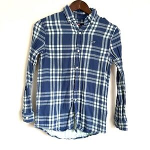 VINEYARD VINES Youth Boys Medium Blue Mint Plaid Long Sleeve Button Up Shirt T2